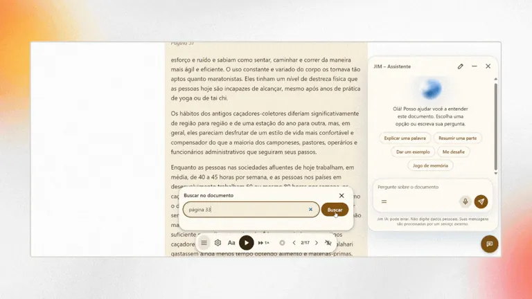 Painel Buscar no documento aberto sobre o texto, com o assistente ao lado.
