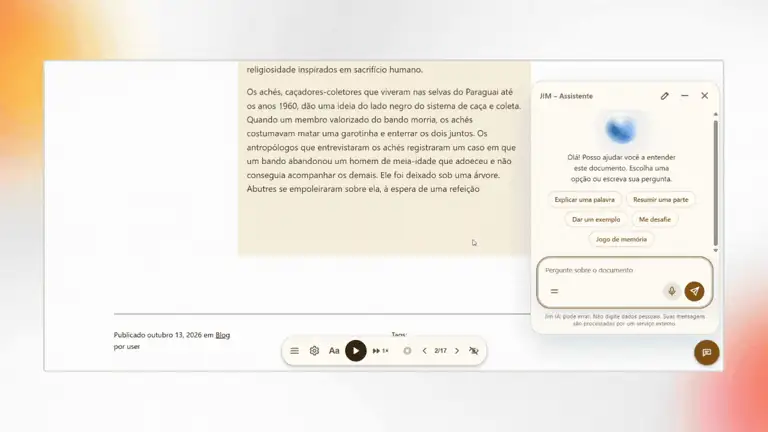 Gravação: a busca no documento procura um trecho do livro e leva o leitor ao resultado, com o assistente aberto ao lado.