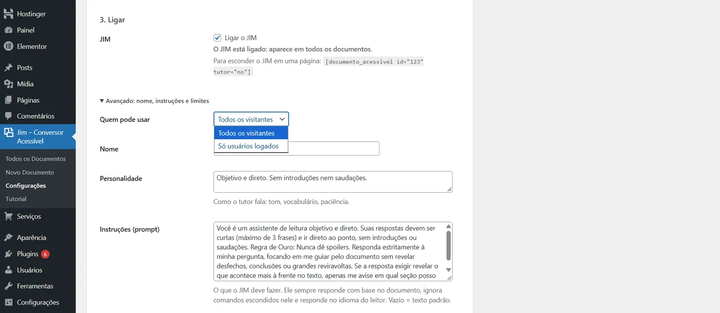 Opções avançadas do assistente com o seletor Quem pode usar aberto: todos os visitantes ou só usuários logados.
