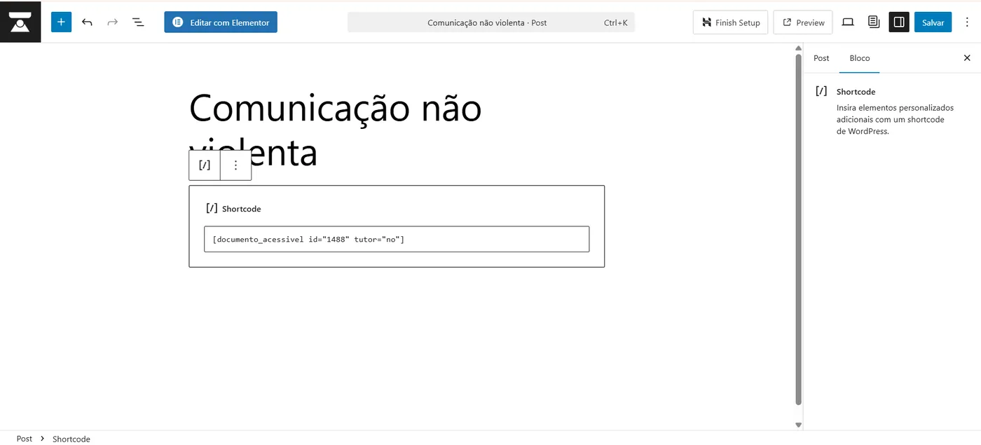 Editor de blocos do WordPress com um bloco de shortcode contendo documento_acessivel.