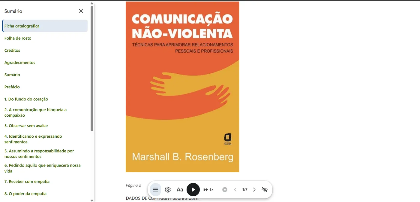 Página de leitura com o painel de sumário aberto à esquerda e o livro Comunicação Não-Violenta.