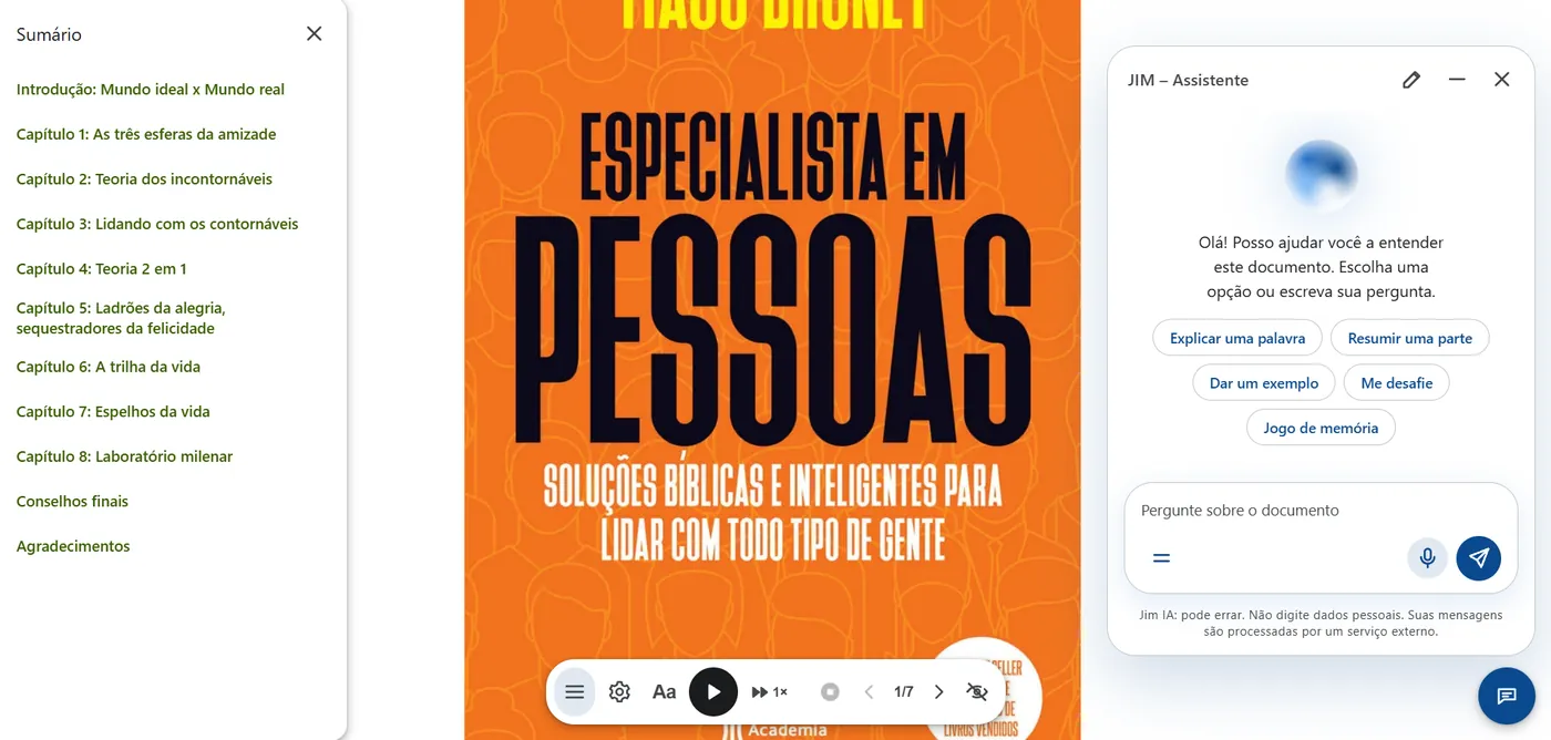 Página de leitura com o sumário e o chat do assistente com os textos rápidos.