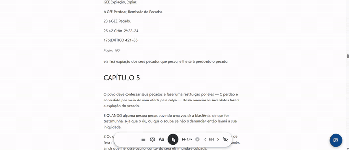Gravação: um trecho é marcado, o sumário é aberto e o tamanho do texto é ajustado.