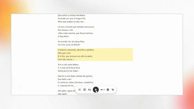 Poema em uma página de leitura, com um trecho em destaque.