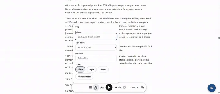 Popover de ajustes aberto sobre a página de leitura.