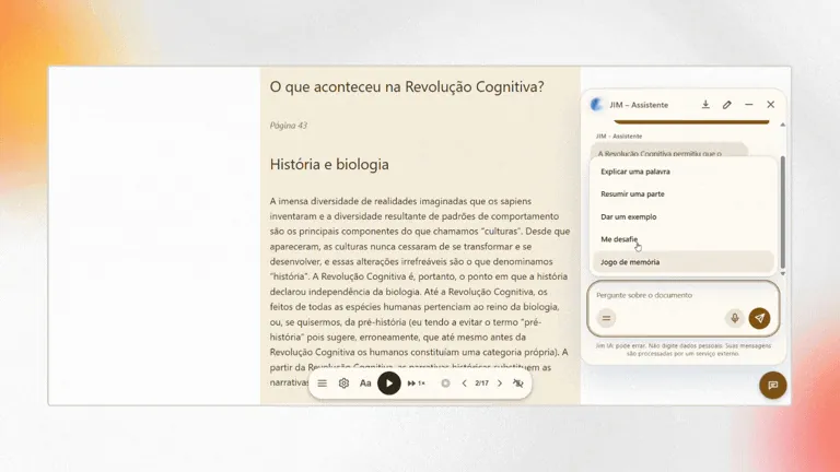 Tema sépia: chat do assistente com o menu de textos rápidos aberto.