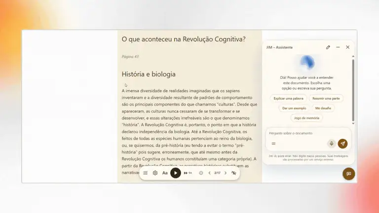 Gravação no tema sépia: o assistente responde a uma pergunta e o botão = abre os textos rápidos, de onde sai um desafio.